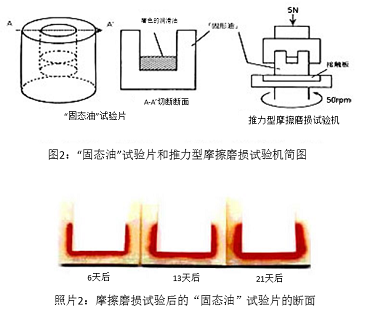 图2:“固态油”试验片和推力型摩擦磨损试验机简图&照片2:摩擦磨损试验后的“固态油”试验片的断面