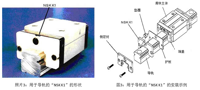 照片3：用于导轨的“NSK K1”的形状&图3：用于导轨的“NSK K1”的安装示例