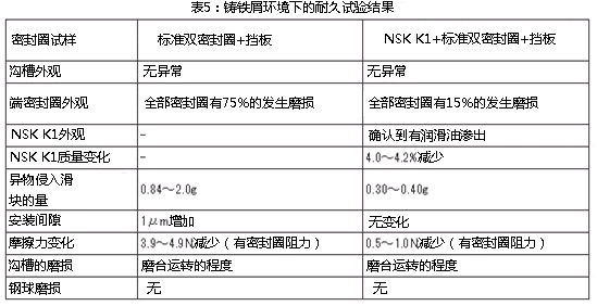 表5：铸铁屑环境下的耐久试验结果