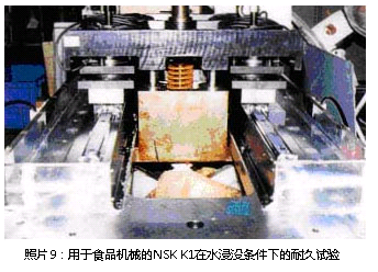 照片9：用于食品机械的NSK K1在水浸没条件下的耐久试验